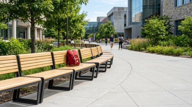 Modern campus benches with ash wood slats line a sunlit plaza as students walk by, featuring a red backpack as a focal point