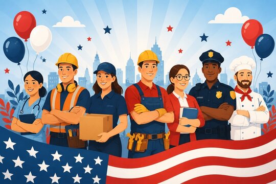 Diverse workers celebrating Labor Day with patriotic American background