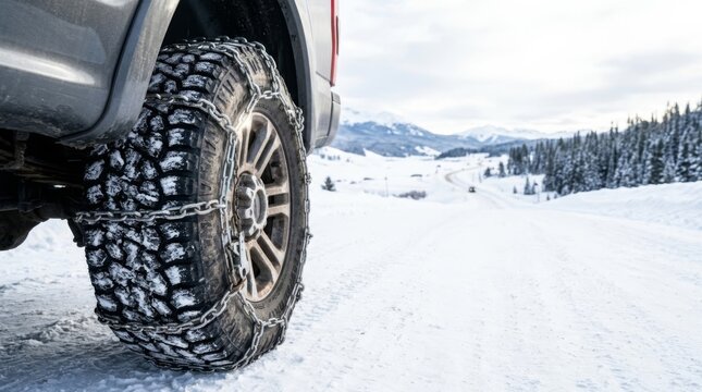 Truck tire with snow chains on a winter road, close-up low angle with mountain landscape background and copy space