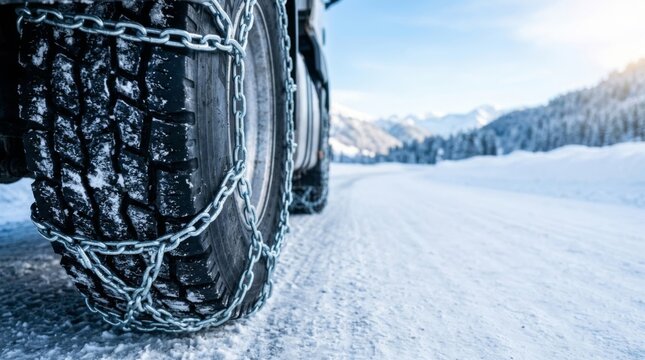 Truck tire with snow chains on a winter road, close-up on icy terrain, providing traction and safety for heavy transport in snowy mountains