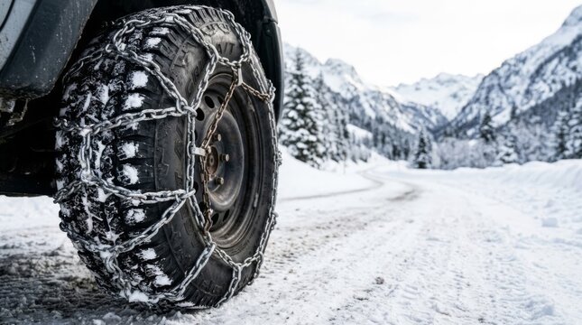 Truck tire with snow chains on a winter mountain road, emphasizing heavy transport safety and rugged equipment