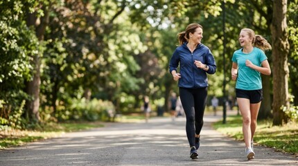 Obraz premium Mother and daughter jogging together in a sun-dappled park, enjoying a healthy lifestyle and family activity in morning light.
