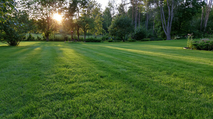Obraz premium A freshly mowed green lawn glowing in the golden afternoon sunlight filtering through trees. Ideal for landscaping and real estate concepts.