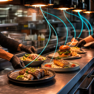 Restaurant Kitchen Order Flow with Chef Hands at Service Pass for Hospitality Workflow and Fast Food Service Operations