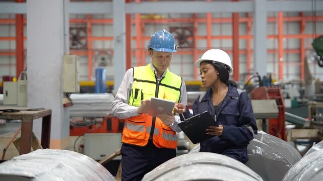 Two engineers wearing safety helmets and protective clothing inspect industrial materials and review data on tablets during a factory quality control audit.