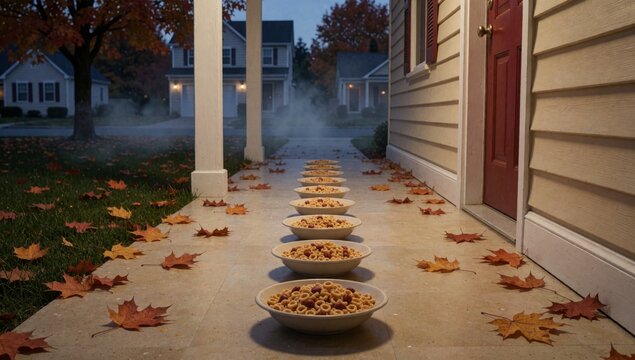 Row bowls food arranged concrete pathway front house lined orange yellow autumn leaves there tree left side ch