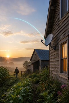 Rural Home Satellite Dish Connectivity for Family Farm Broadband Internet and Remote Countryside Communication