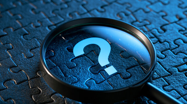 A magnifying glass focusing on a glowing question mark puzzle piece under dramatic blue lighting. Perfect concept for problem solving, investigation, and business strategy.
