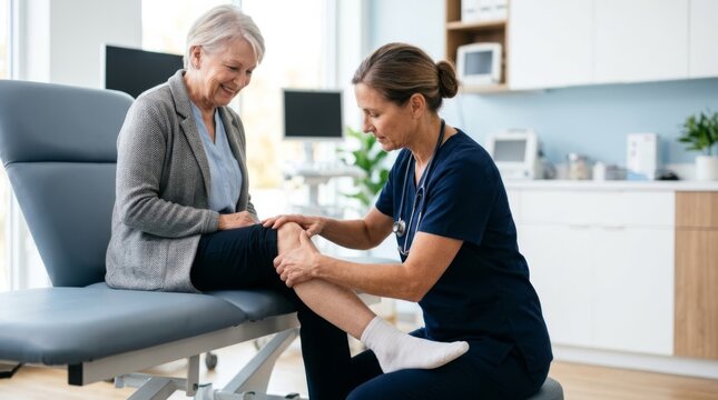 Orthopedist examining senior patient's knee in a modern clinic, focusing on care and professionalism