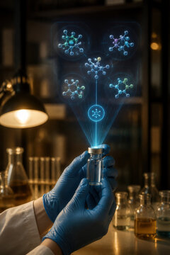 Scientist Using Drug Discovery Molecule Hologram for Pharmaceutical Research Biotechnology and Precision Medicine