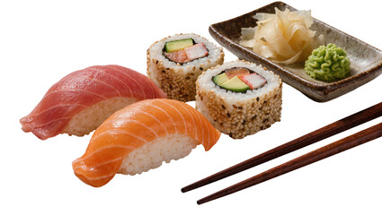 Assortment of fresh sushi nigiri and maki rolls with pickled ginger and wasabi, isolated on transparent background © Luca