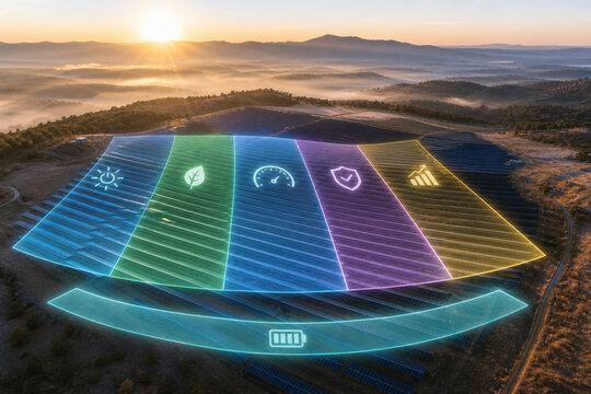 Solar Farm Panel Efficiency Hologram at Misty Sunrise for Renewable Energy Performance Monitoring and Power Generation