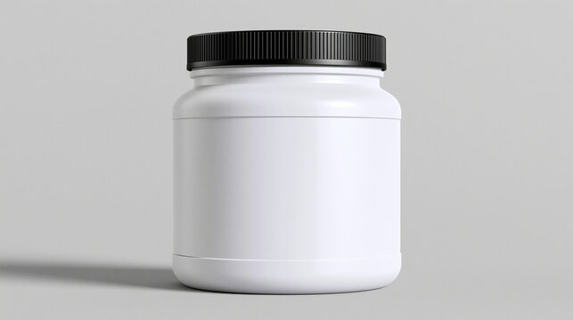 A blank white plastic container with a black cap stands against a light grey background. This packaging mockup is perfect for protein powder or supplement product branding.
