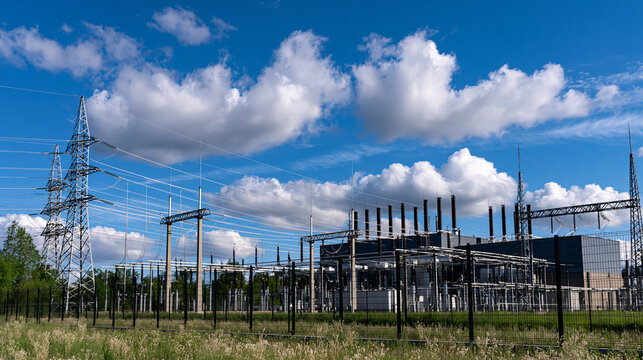 High voltage electrical power substation with transmission towers and wires under a blue sky with clouds. Perfect for energy and power grid industry concepts.