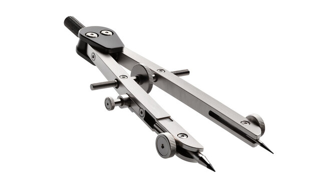 Precision metal drafting compass with adjustable wheels, isolated on transparent background