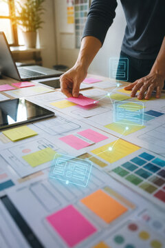 UX Designer Planning Product Workflow with Sticky Notes and Tablet for User Research Interface Strategy and Digital