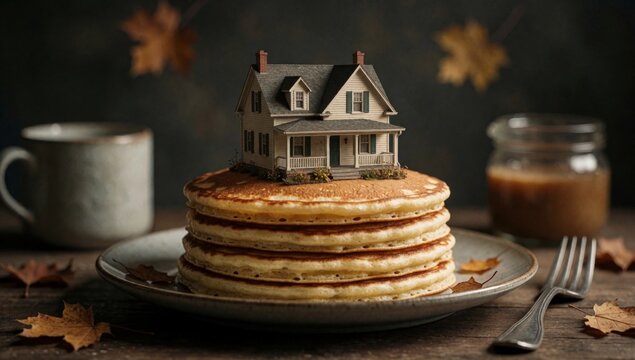 Stack pancakes plate miniature model house top golden brown appear freshly made placed wooden table autumn lea