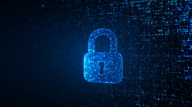 A glowing digital padlock icon floats against a dark blue binary code background. Perfect cybersecurity and data protection concept for tech presentations.