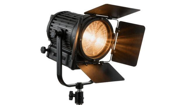 Professional black Fresnel spotlight with barn doors, emitting warm light isolated on transparent background