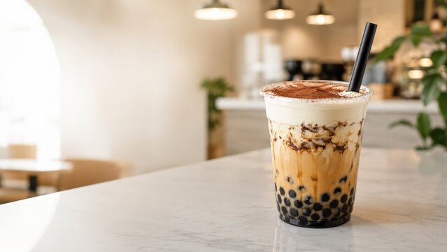 Tiramisu boba tea with black tapioca pearls, creamy milk tea, chocolate drizzle and cocoa dusting in a clear takeaway cup on a marble cafe counter with copy space for dessert drink menu advertising