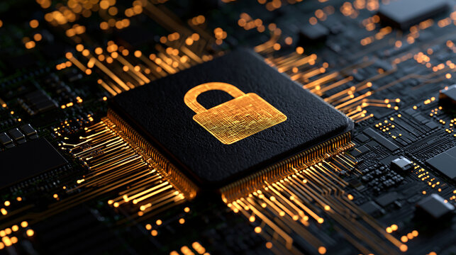 Digital security padlock icon glows on computer processor chip, data protection concept.