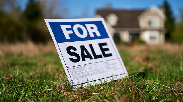 A "FOR SALE" sign is planted in the foreground of an empty grassy lot with a house in the background. This image represents real estate.