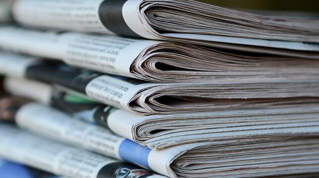 Close-up stack of folded newspapers with headlines and articles. Media and press concept for daily news publishing.