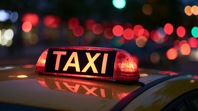 Illuminated TAXI sign on a yellow car roof at night with bokeh lights. Transportation service concept for urban travel.