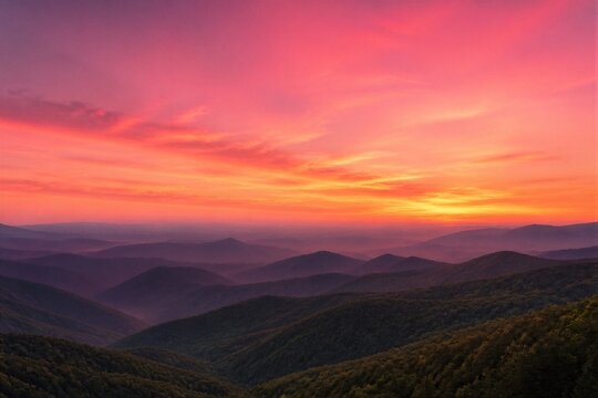 Sunset paints sky in fiery pink and orange hues. Layered mountain ridges stretch into distant fog. Forested slopes glow softly beneath the glow. Silent majesty evokes peace and awe