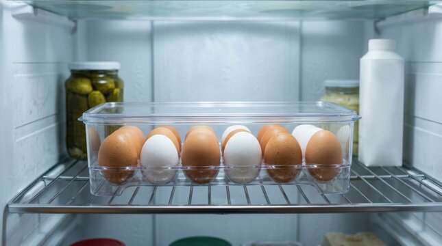 Safe egg storage in a refrigerator. Alternating brown and white eggs in a clear plastic container on a wire shelf inside a domestic fridge