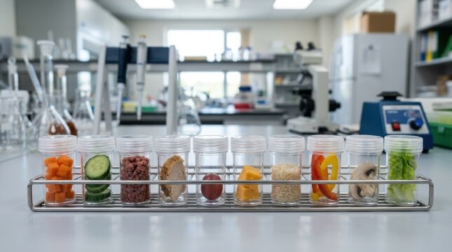 Food samples in specimen jars for laboratory testing. Quality control and safety analysis in science lab