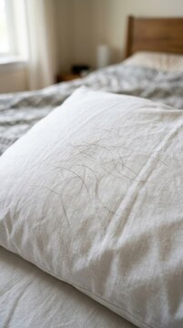 Strands of fallen hair on a white pillow. Hair loss and shedding concept. Bedroom setting with bed and pillow