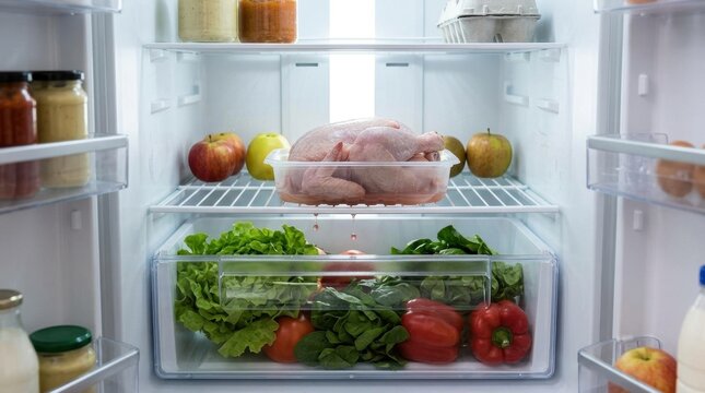 Raw chicken dripping liquid onto fresh vegetables in a refrigerator. Cross contamination food safety hazard with poultry and salad greens. Improper food storage concept