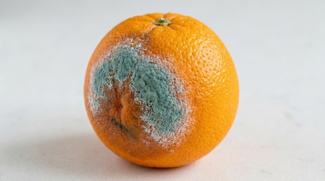 Close up of a rotten orange covered in blue green mold. Food spoilage and fungal decay on citrus fruit