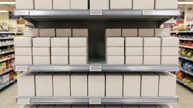 Product removed from a grocery store shelf leaving an empty gap. Rows of plain cardboard boxes on supermarket display. Out of stock or product recall concept