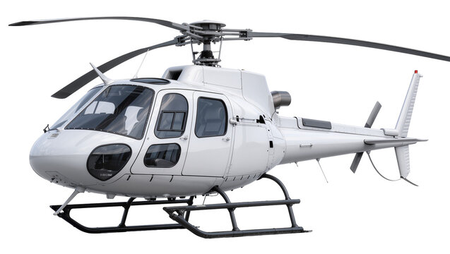Sleek white helicopter with rotor blades and landing gear, isolated on transparent background