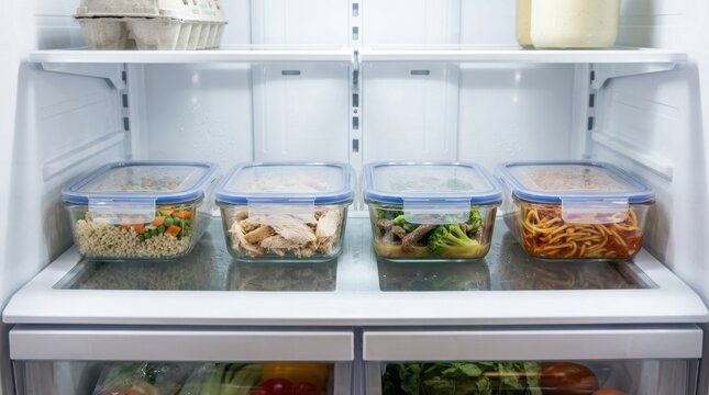 Glass food storage containers with leftovers in a refrigerator. Safe meal prep and food preservation concept