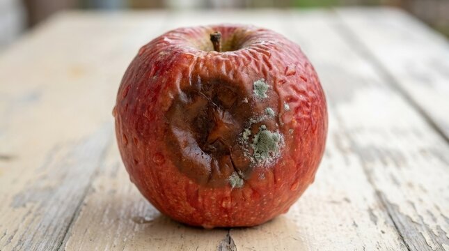Close up of a rotten red apple with green mold on a wooden table. Food spoilage and organic decay concept
