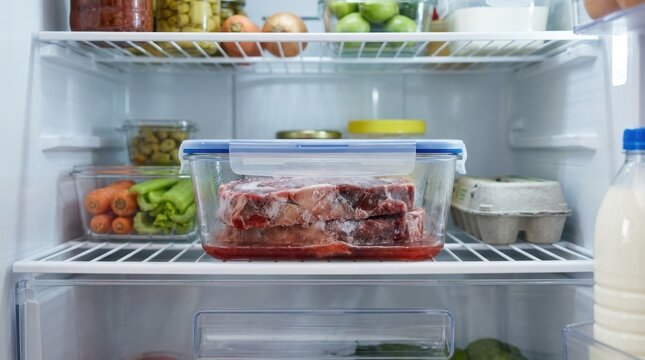 Raw beef steaks thawing in a glass container inside a refrigerator. Safe defrosting and food hygiene concept