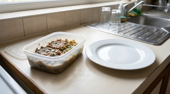 Spoiled leftovers in plastic container on kitchen counter. Moldy food next to empty plate