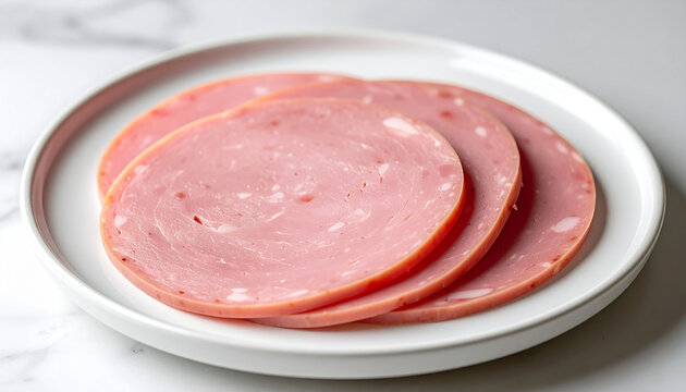 Traditional Bologna slices on white plate, soft pink meat texture, appetizing food. Tasty snack. Close-up.