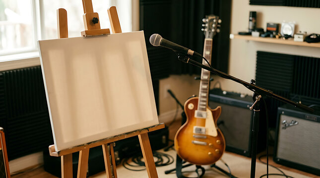 Electric guitar and blank canvas in creative studio space.