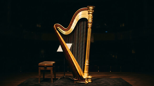Elegant golden harp on stage with stool.