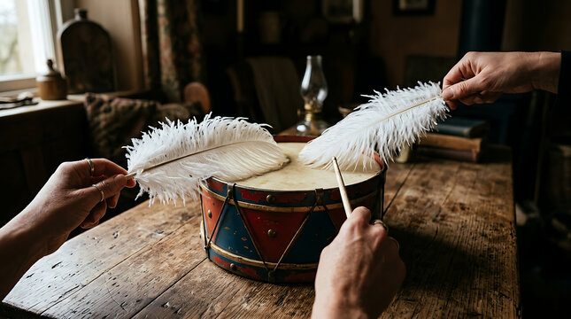 Hands playing a vintage snare drum with feather mallets.
