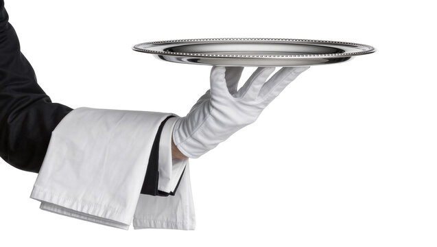 Butler s gloved hand holding silver tray with napkin, isolated on transparent background