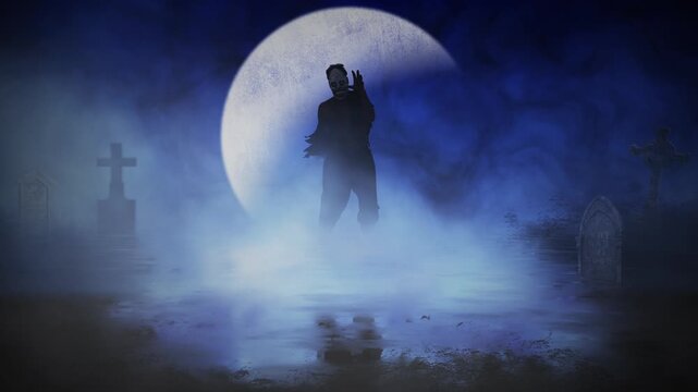 Zombie Silhouette Walking by Moonlight 4K features a zombie silhouette walking on a reflective surface with rolling fog and a full moon in the background in a blue atmosphere.