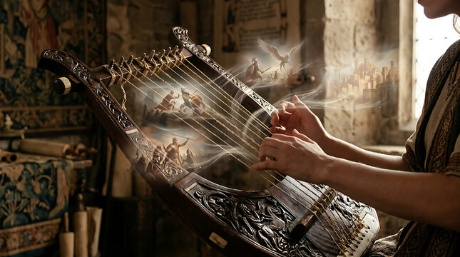 Medieval musician playing a traditional lyre instrument.