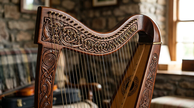 Ornate Celtic Harp with Intricate Wooden Carvings.