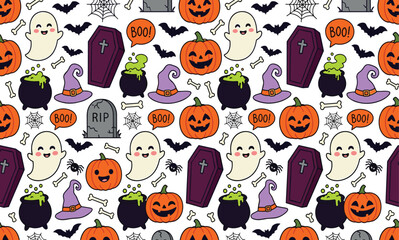 Fototapeta premium Seamless Halloween pattern featuring cute pumpkins, ghosts, coffins, witch hats, and cauldrons on a white background for festive holiday designs