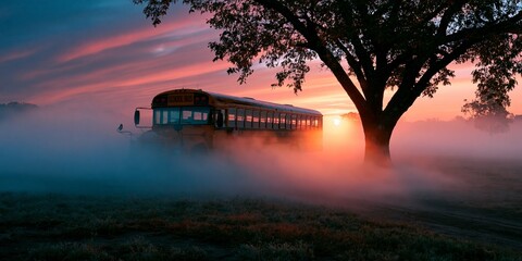 Obraz premium A vintage yellow school bus parked in a misty field at sunrise, silhouetted by a large tree, with vibrant pink and orange sky and soft fog.